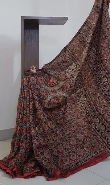 Ajrak handblock printed Chanderi saree