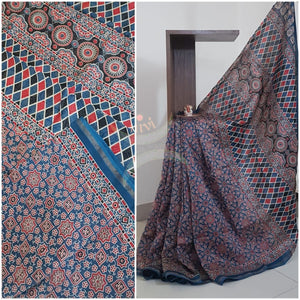 Ajrak handblock printed Chanderi saree