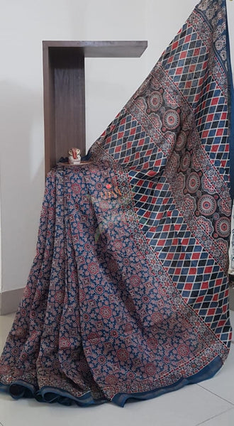 Ajrak handblock printed Chanderi saree