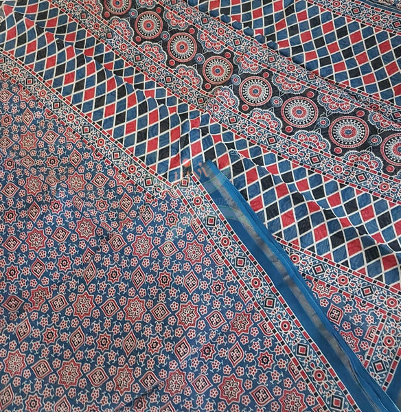 Ajrak handblock printed Chanderi saree