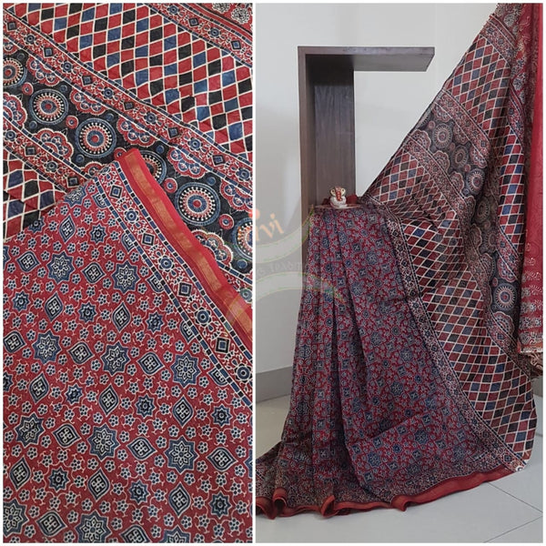 Ajrak handblock printed Chanderi saree