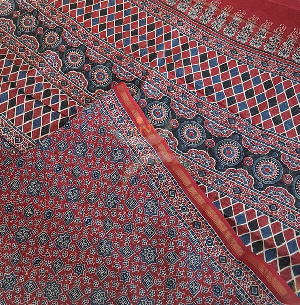 Ajrak handblock printed Chanderi saree