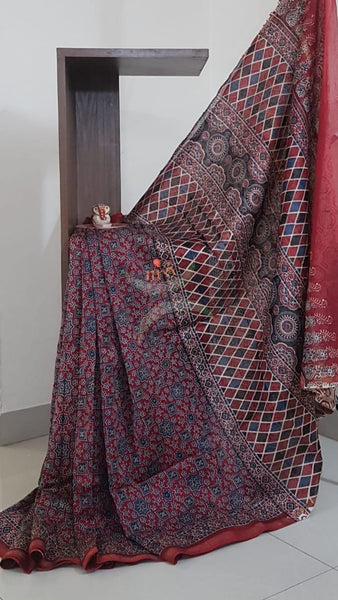 Ajrak handblock printed Chanderi saree