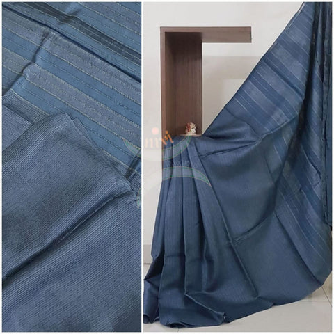 Dark greyish blue pure tussar silk