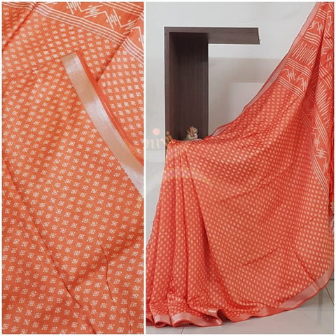 Orange linen block printed saree