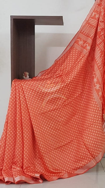 Orange linen block printed saree