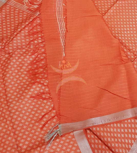 Orange linen block printed saree