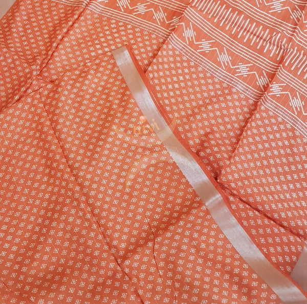 Orange linen block printed saree