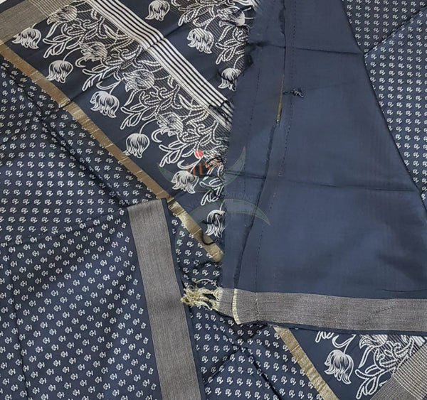 Linen block printed saree