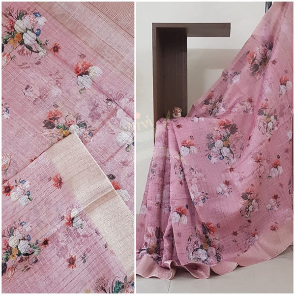 Pink digital printed linen with antique zari