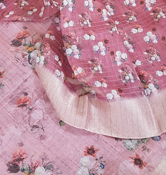 Pink digital printed linen with antique zari