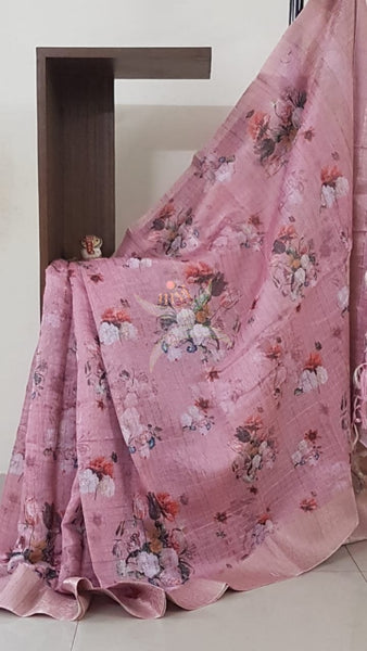 Pink digital printed linen with antique zari