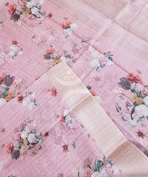 Pink digital printed linen with antique zari