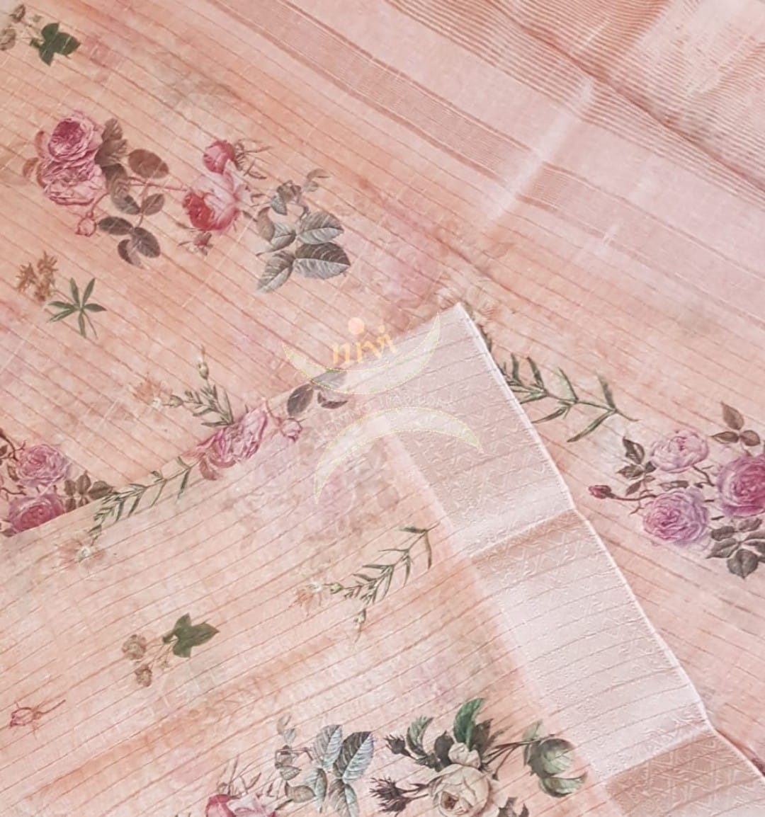 Peach digital printed linen with antique zari