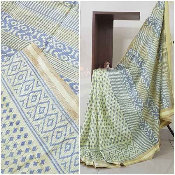 Lemon yellow linen block printed saree