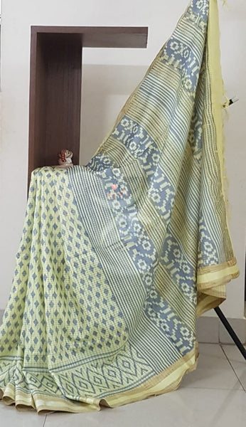 Lemon yellow linen block printed saree