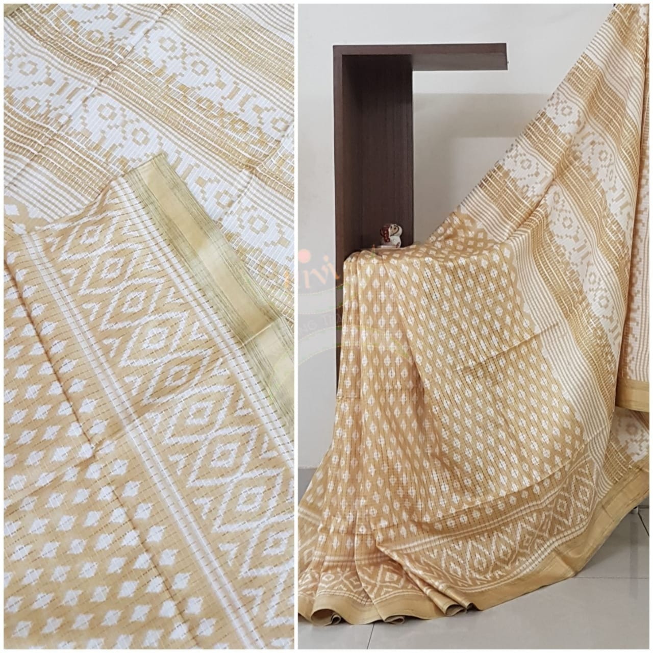 Beige linen block printed saree