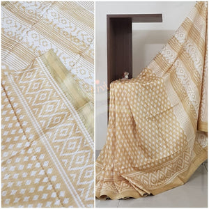 Beige linen block printed saree