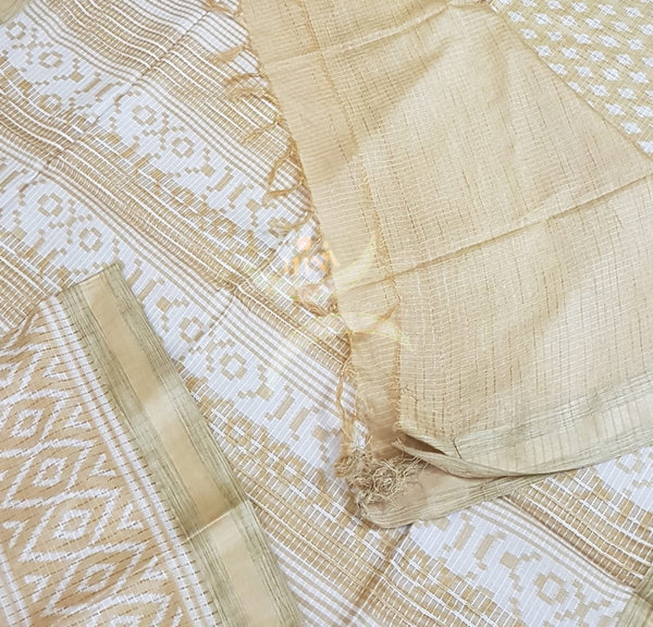 Beige linen block printed saree