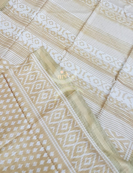 Beige linen block printed saree