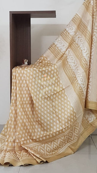 Beige linen block printed saree