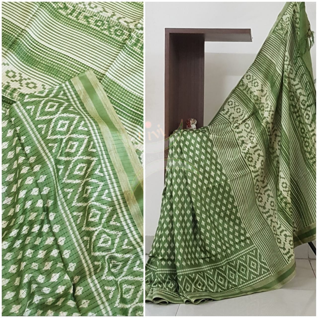 Green linen block printed saree