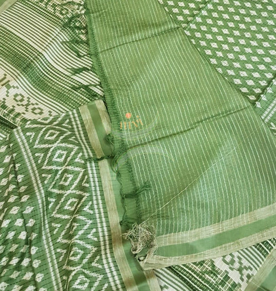 Green linen block printed saree