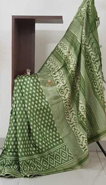 Green linen block printed saree