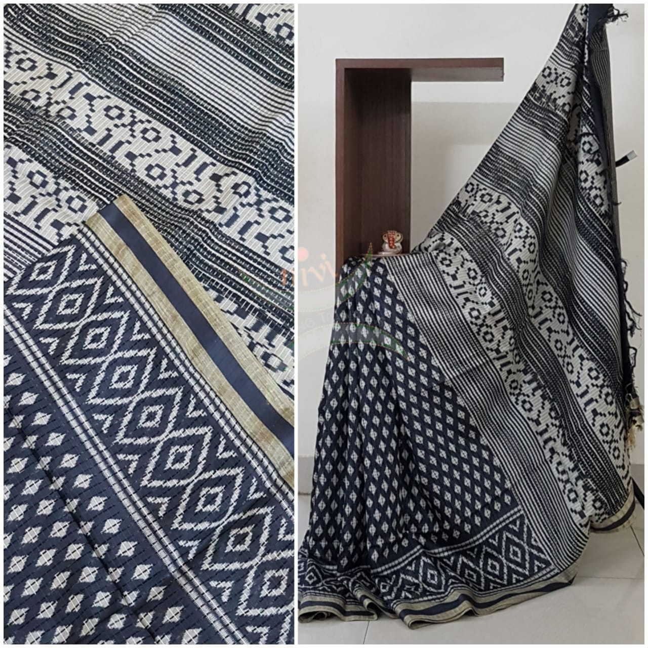 Linen block printed saree