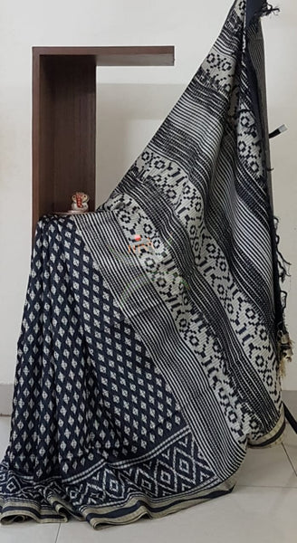 Linen block printed saree