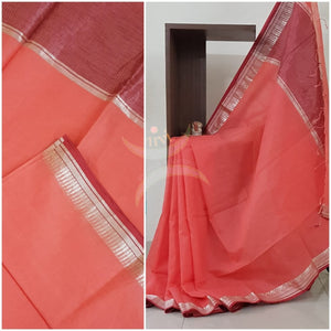 Peach cotton tissue saree