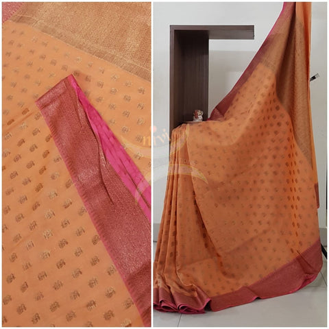 Orange benaras brocade with contrasting border and pallu
