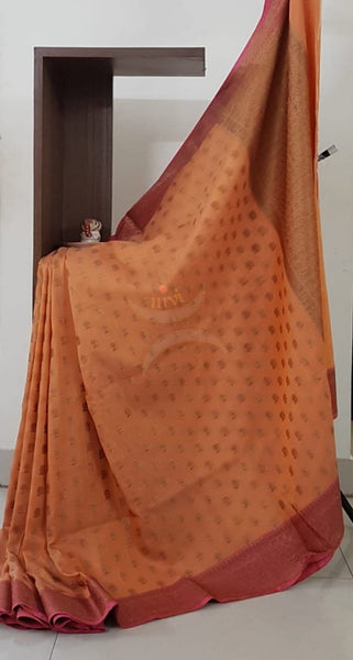 Orange benaras brocade with contrasting border and pallu