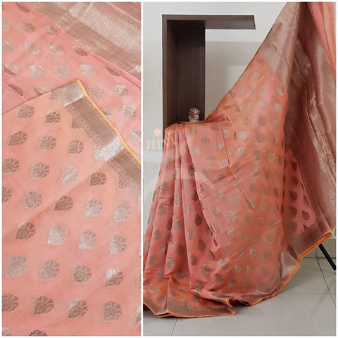 Peach benaras brocade silk saree with antique gold brocade