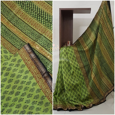 Green handloom maheshwari bagru hand printed saree