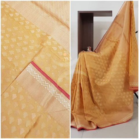 Mustard orange silk cotton benaras brocade with antique zari temple border