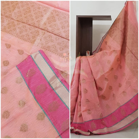 Pink shot Peach Silk Cotton Benaras Brocade saree with antique zari weaving all over the saree.