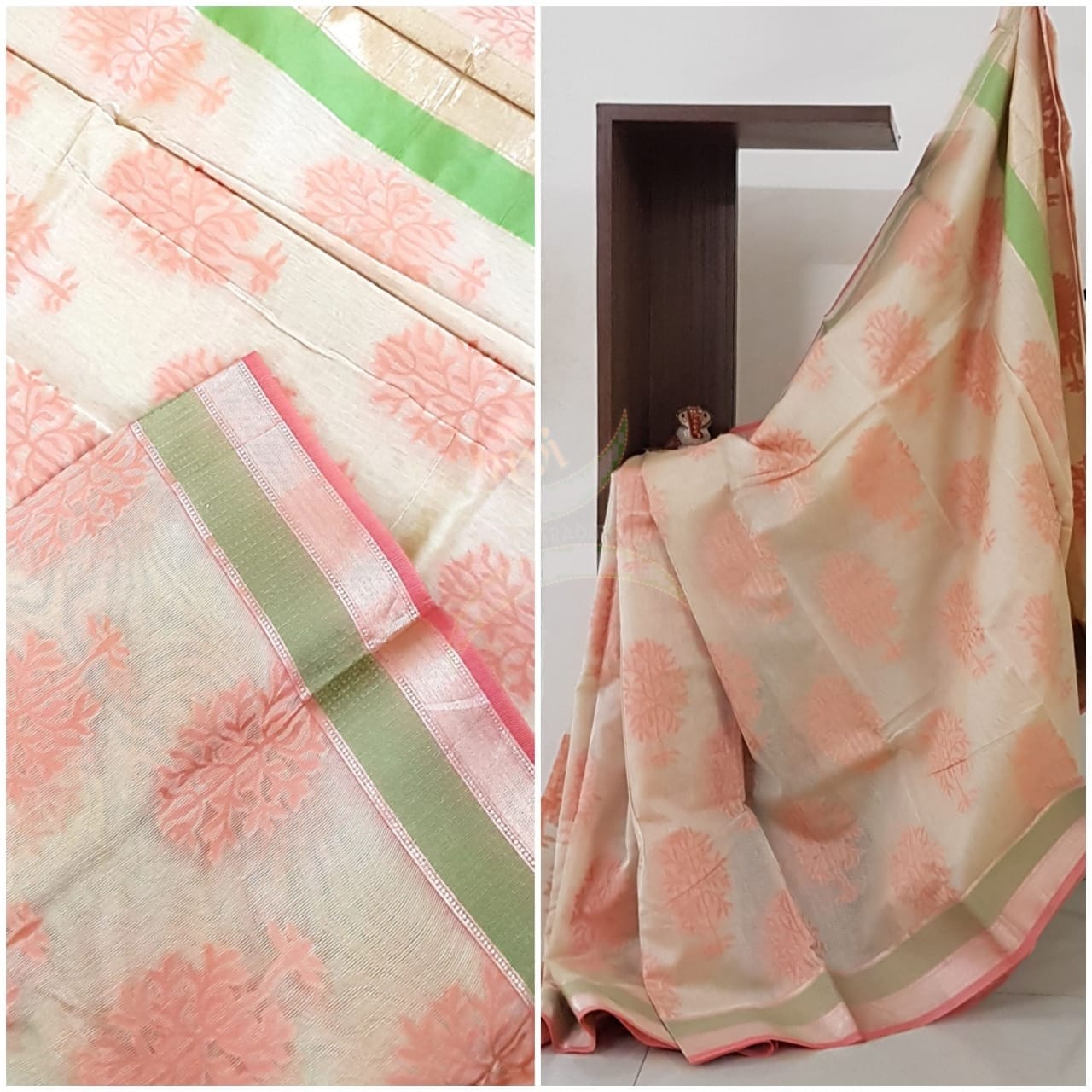 Beige silk Cotton saree with woven floral motifs and contrast sea green and peach border and pallu .