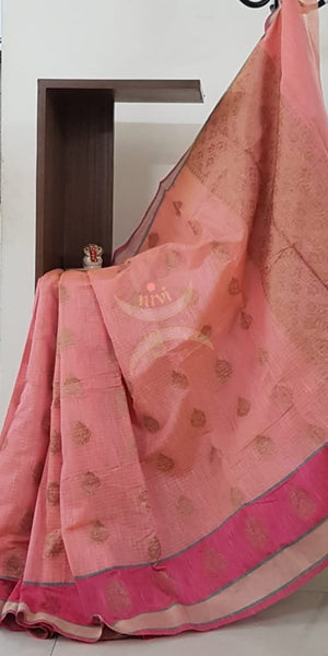 Pink shot Peach Silk Cotton Benaras Brocade saree with antique zari weaving all over the saree.