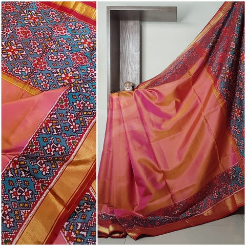 Pink Handloom patan patola silk saree with intricate woven pattern and subtle gold zari.