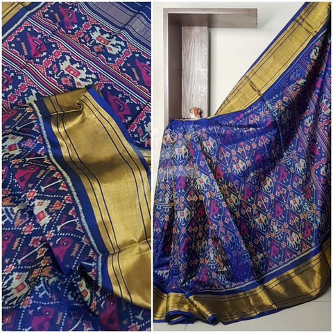 Royal blue Handloom patan patola silk saree with intricate woven pattern and subtle gold zari.