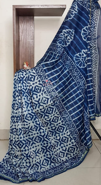 Handloom indigo chanderi bagru handblock printed saree