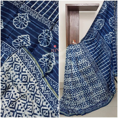 Handloom indigo chanderi bagru handblock printed saree