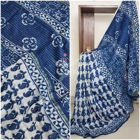 Handloom indigo chanderi bagru handblock printed saree
