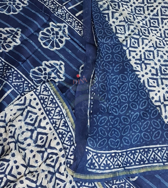 Handloom indigo chanderi bagru handblock printed saree