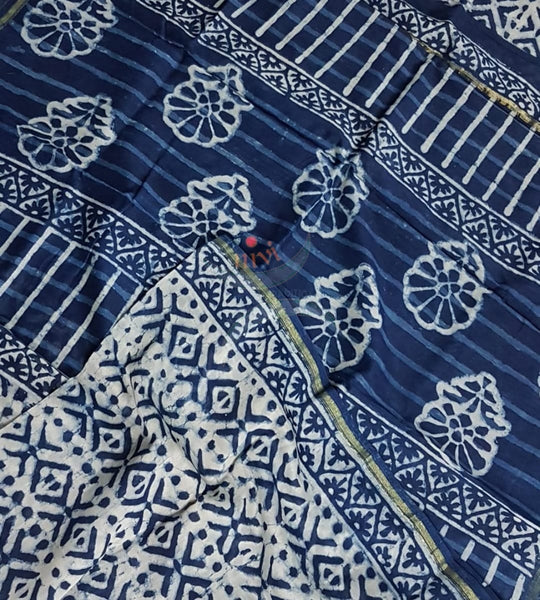 Handloom indigo chanderi bagru handblock printed saree