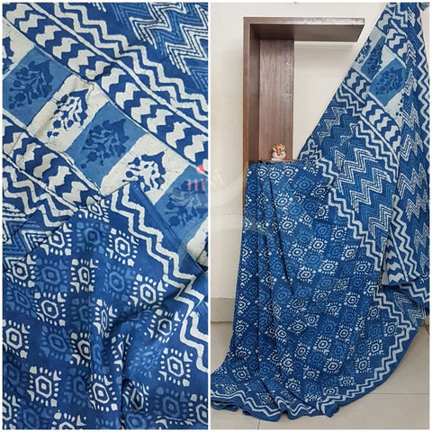Handloom indigo cotton bagru hand printed saree
