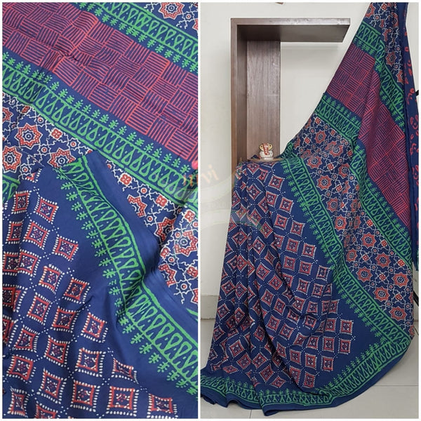 Handloom ajarak cotton bagru hand printed saree