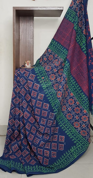 Handloom ajarak cotton bagru hand printed saree