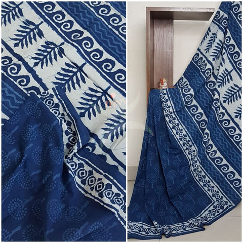 Handloom indigo cotton bagru hand printed saree